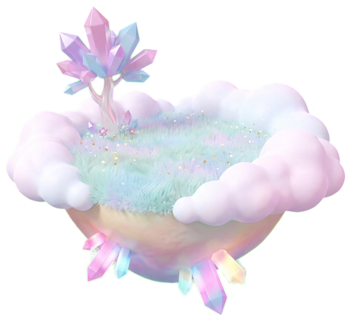 Pofi's Cloud Island: a pastel cottage and trees on a fluffy floating island