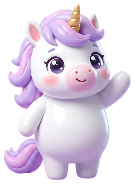 Pofi, a white baby unicorn with a lilac mane and a golden horn, waving